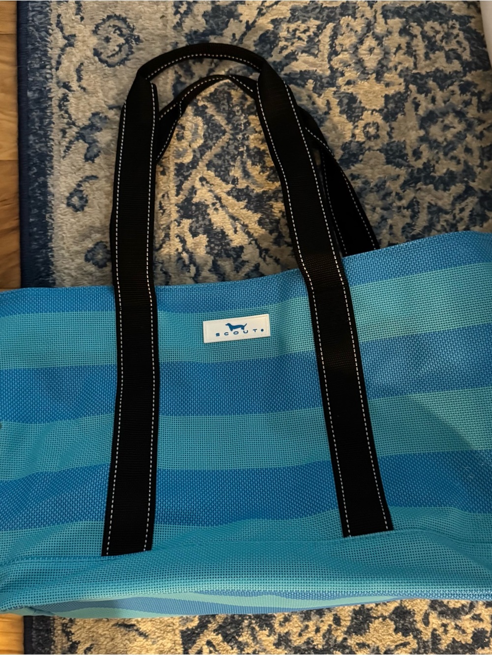 Scout Blue and Aqua Striped Mesh Tote with Black Handles